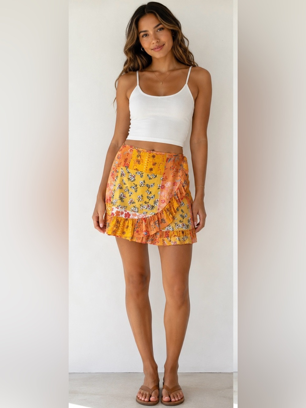 Forever 21 Boho Patchwork Floral Ruffle Faux Wrap Skirt, Yellow/Orange- size M